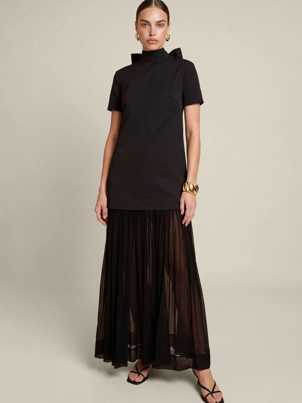 Black Sheer Pleated Maxi Skirt with Overlay